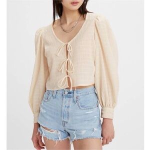 Levi’s Fawn Peasant Blouse Tie Front Balloon Sleeve Pink Size 1X Boho Feminine